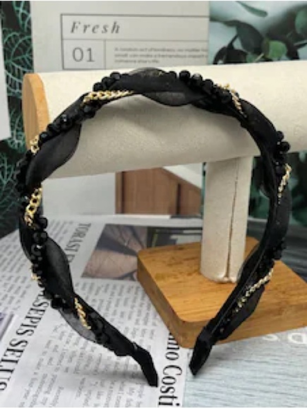 Black Braided Satin Headband with Gold Chain Accent